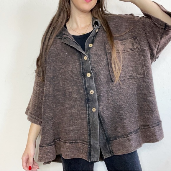 Oli & Hali Black Mixed Mineral Washed Short Sleeve Button Down Shirt Jacket - Picture 1 of 12